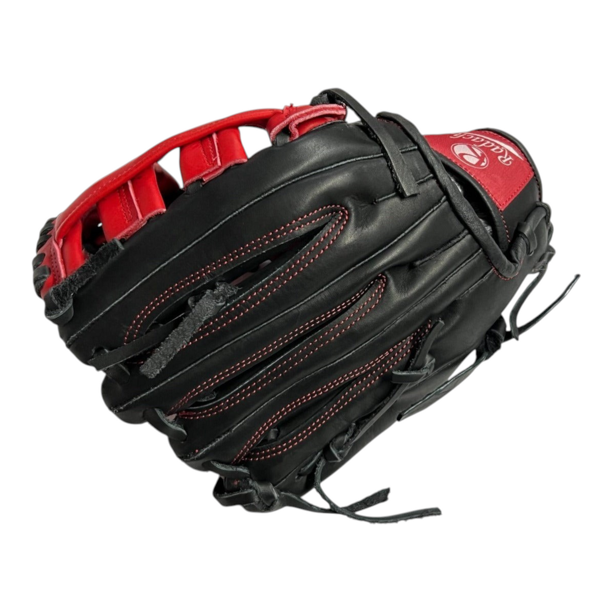 Guante de beisbol Radach Sports Pro Fielder de 12.75 pulgadas en piel negra y roja con diseño de doble poste