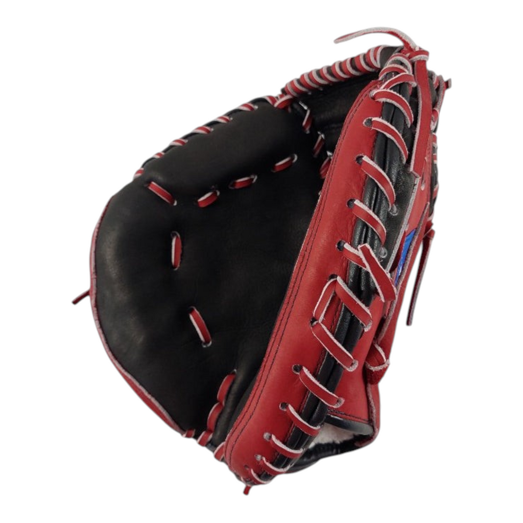 Guante de béisbol para zurdo Radach Sports modelo Rookie de cátcher, 34 pulgadas, fabricado en piel negra y roja.
