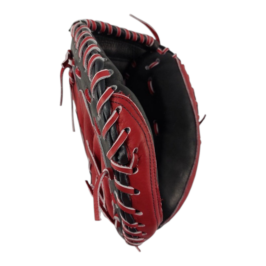 Guante de cátcher Radach Sports para zurdos de 34 pulgadas, fabricado en piel roja y negra con cordones reforzados.