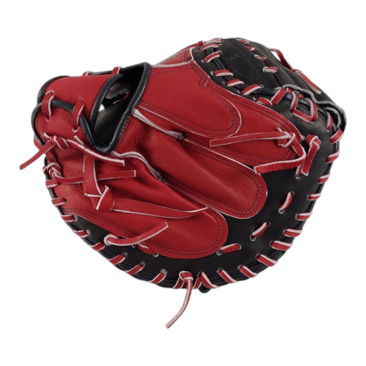 Guante de catcher Radach Sports para zurdos de 34 pulgadas en piel color rojo y negro con cordones blancos