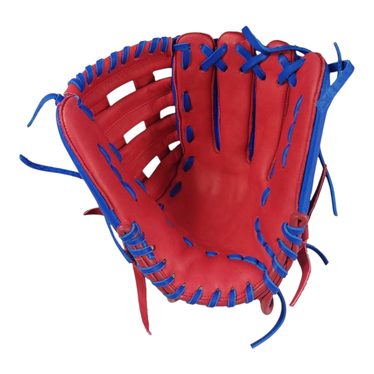 Guante de beisbol Radach Sports de 13 pulgadas en piel color rojo con cordones azules y diseño de doble poste