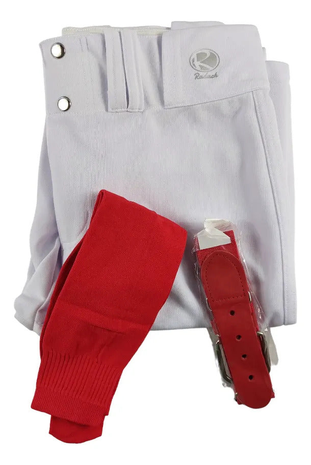 Pantalón Béisbol Radach Talla 30 Blanco Medias Cinto Rojo
