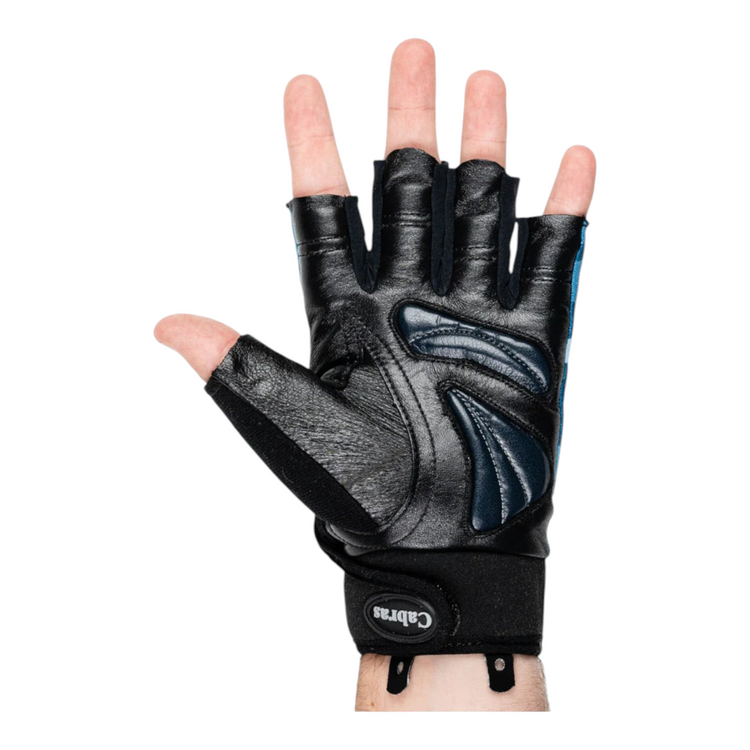 Guantes de gimnasio Radach Sports Cabras Lightfit en color azul y negro con palma acolchada y dedos descubiertos