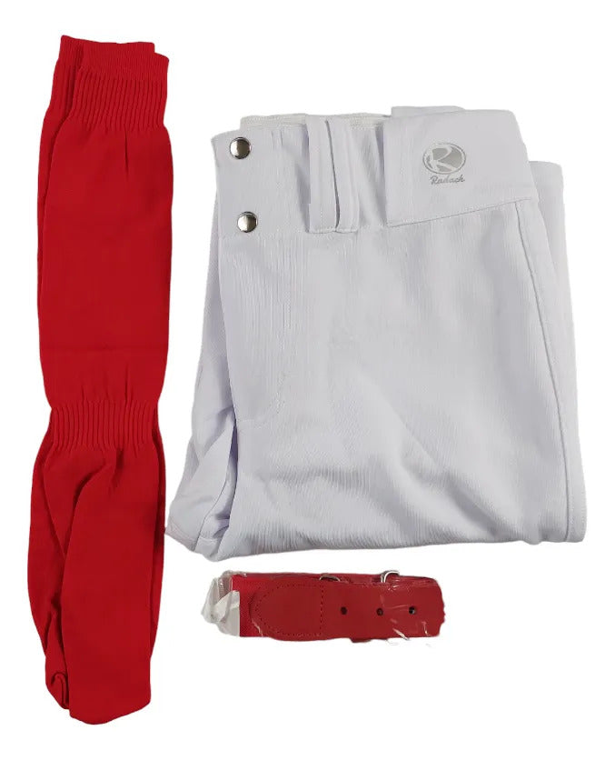 Pantalón Béisbol Radach Talla 32 Blanco Medias Cinto Rojo
