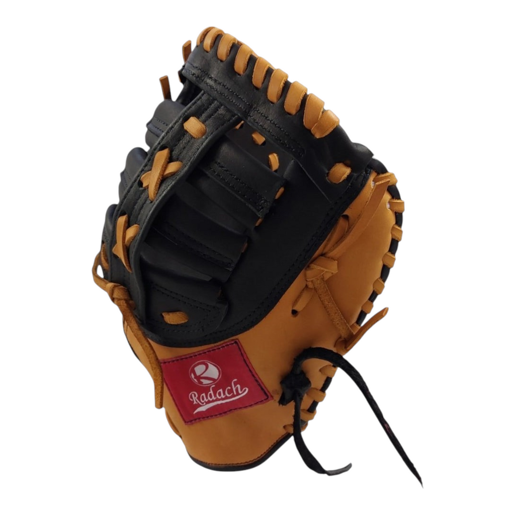 Guante de béisbol Radach Sports para primera base de 12.75 pulgadas en piel color miel y negro para diestros