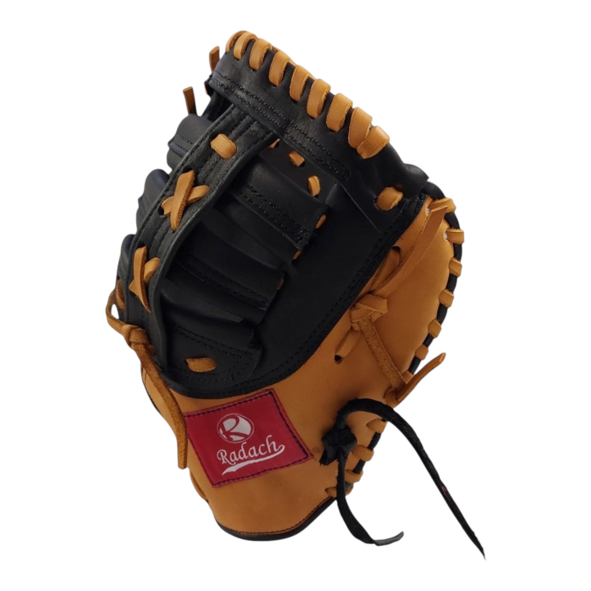 Guante de béisbol Radach Sports para primera base de 12.75 pulgadas en piel color miel y negro para diestros