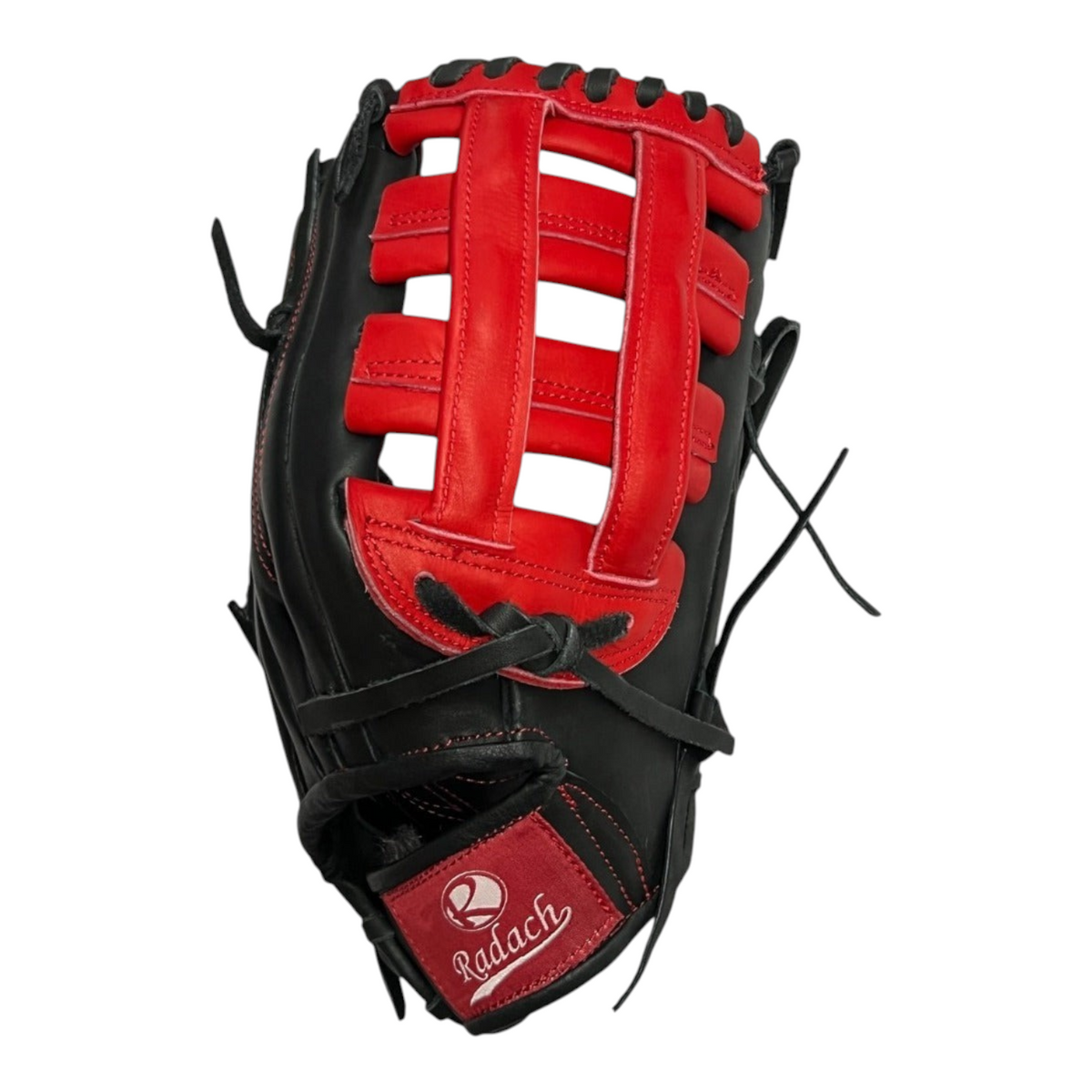 Guante de beisbol Radach Sports Pro Fielder de 12.75 pulgadas en piel color negro y rojo con diseño de doble poste