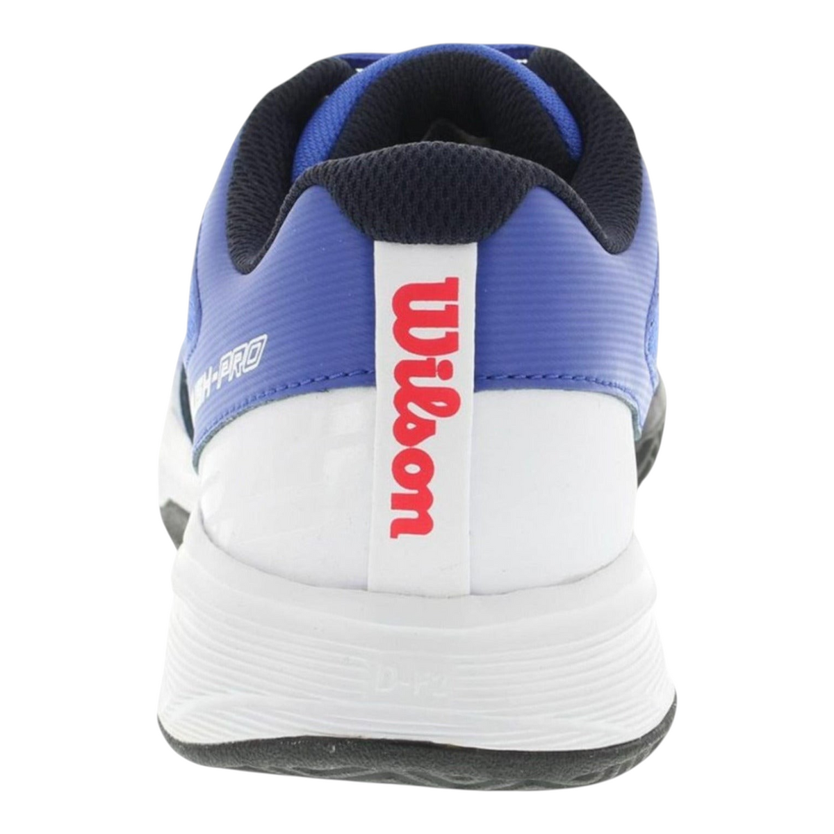 Vista trasera de tenis Radach Sports Wilson Rush Pro Jr 2.5 en color azul y blanco para deportes de raqueta