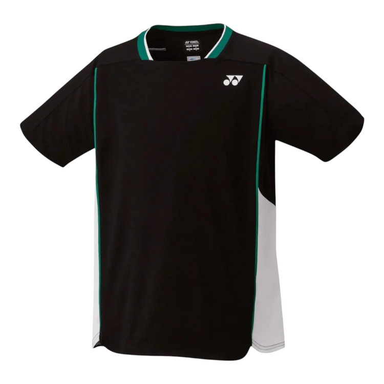 Playera deportiva Radach Sports Yonex negra con detalles en blanco y verde, cuello redondo y tejido transpirable.