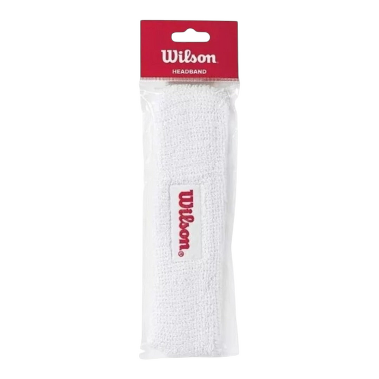 Banda para cabeza Wilson blanca de tejido absorbente con logo bordado, disponible en Radach Sports