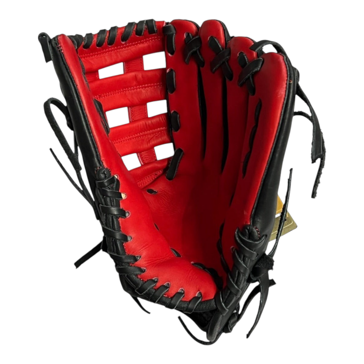 Guante de beisbol Radach Sports Pro Fielder de 12.75 pulgadas en piel color negro y rojo con diseño de doble poste