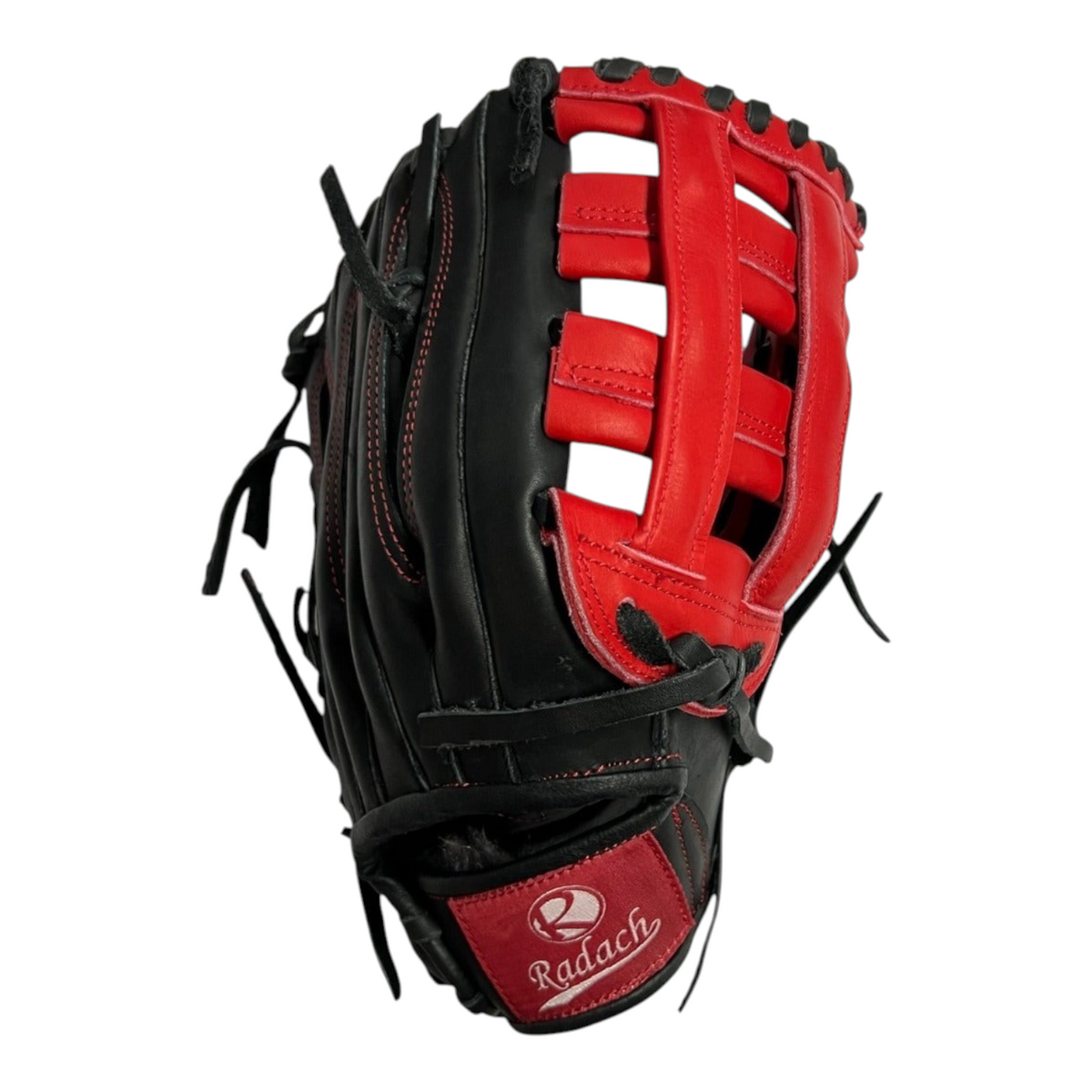 Guante de beisbol Radach Sports Pro Fielder de 12.75 pulgadas en piel color negro y rojo con diseño de doble poste.