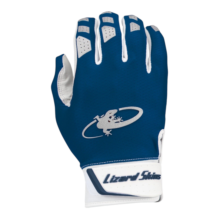 Guantes de bateo Radach Sports Lizard Skins Komodo V2 en color azul con palma de piel de cabra y correa de TPU