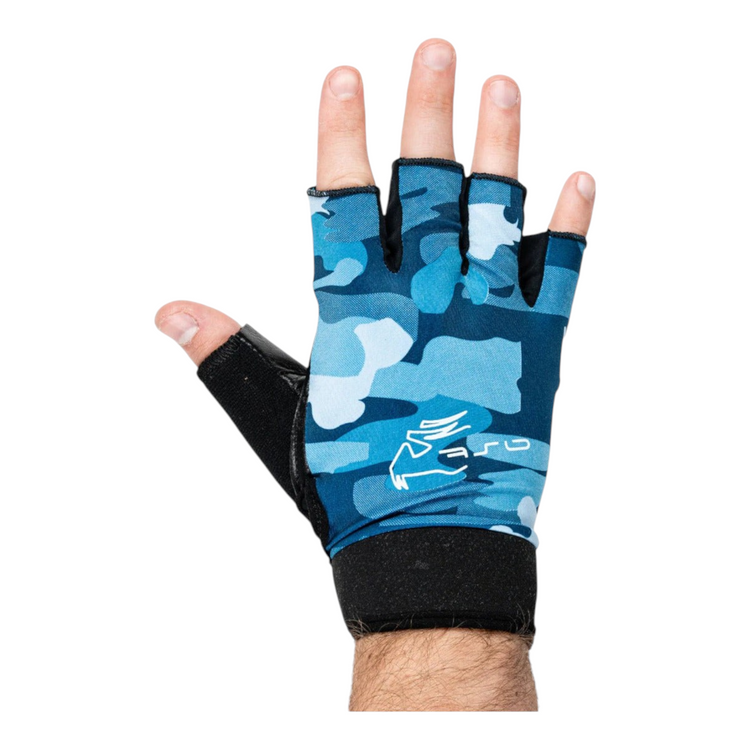 Guantes de gimnasio Radach Sports Lightfit azules con estampado de camuflaje, palma de piel y dorso de licra.