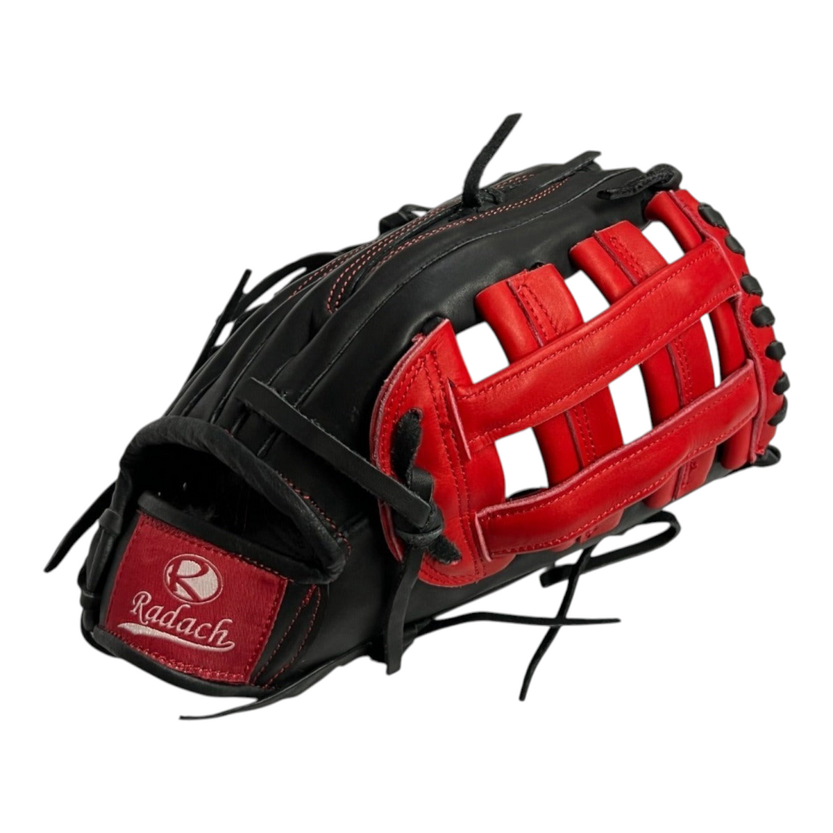 Guante de beisbol Radach Sports Pro Fielder de 12.75 pulgadas en piel color negro y rojo con diseño de doble poste