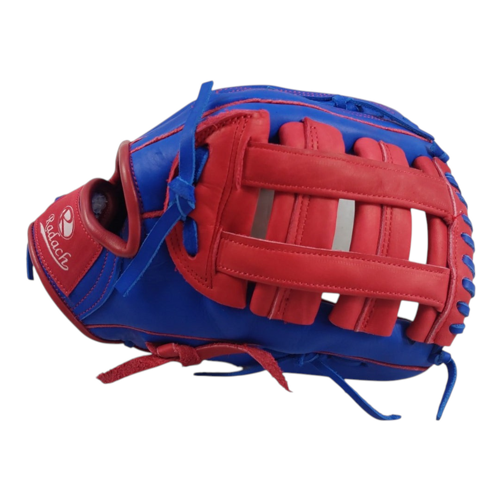 Guante de beisbol Radach Sports de 13 pulgadas en piel azul y roja con diseño de doble poste para jardinero