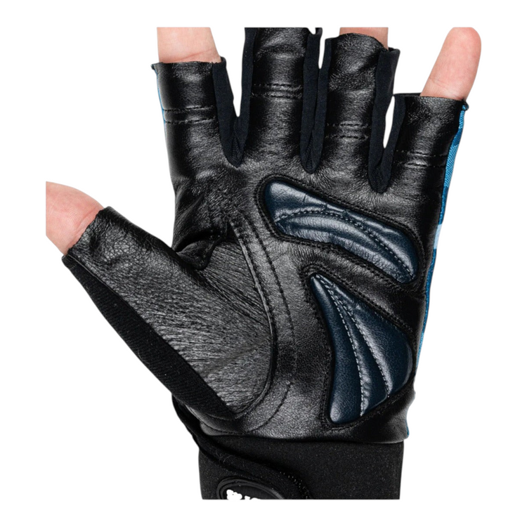 Guantes de gimnasio Radach Sports en color negro y azul con palma de cuero acolchada y diseño sin dedos