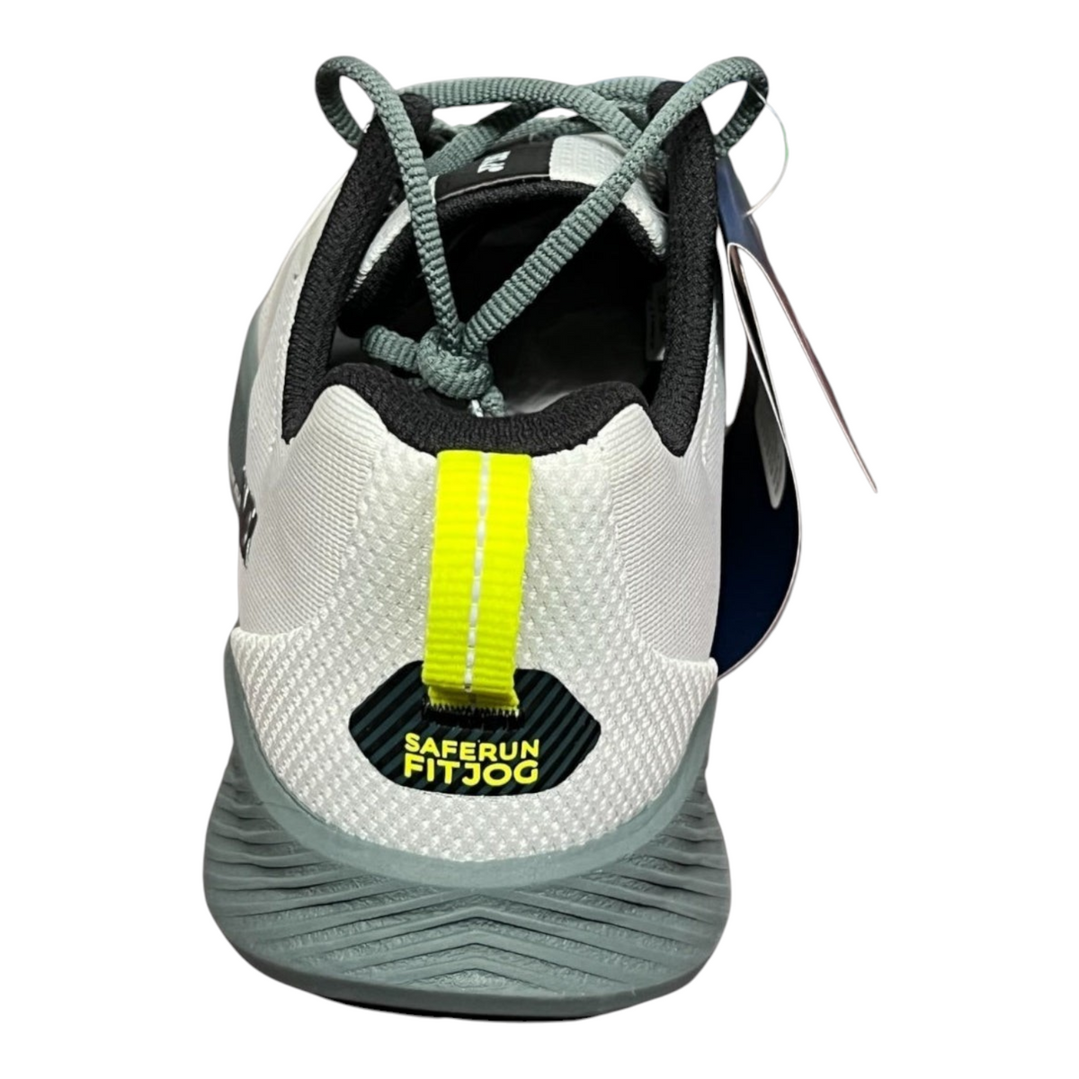Vista trasera de tenis Radach Sports Yonex Saferun Fitjog en color verde oliva claro con detalle de tirador amarillo