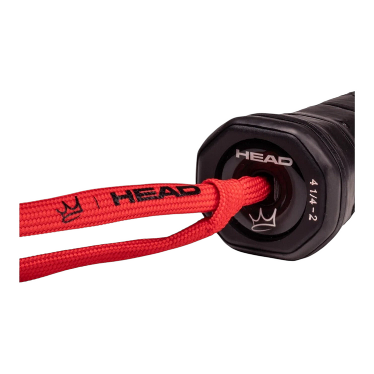 Detalle del mango y cordón de seguridad rojo de la pala de padel Radach Sports Head Coello Team 2025
