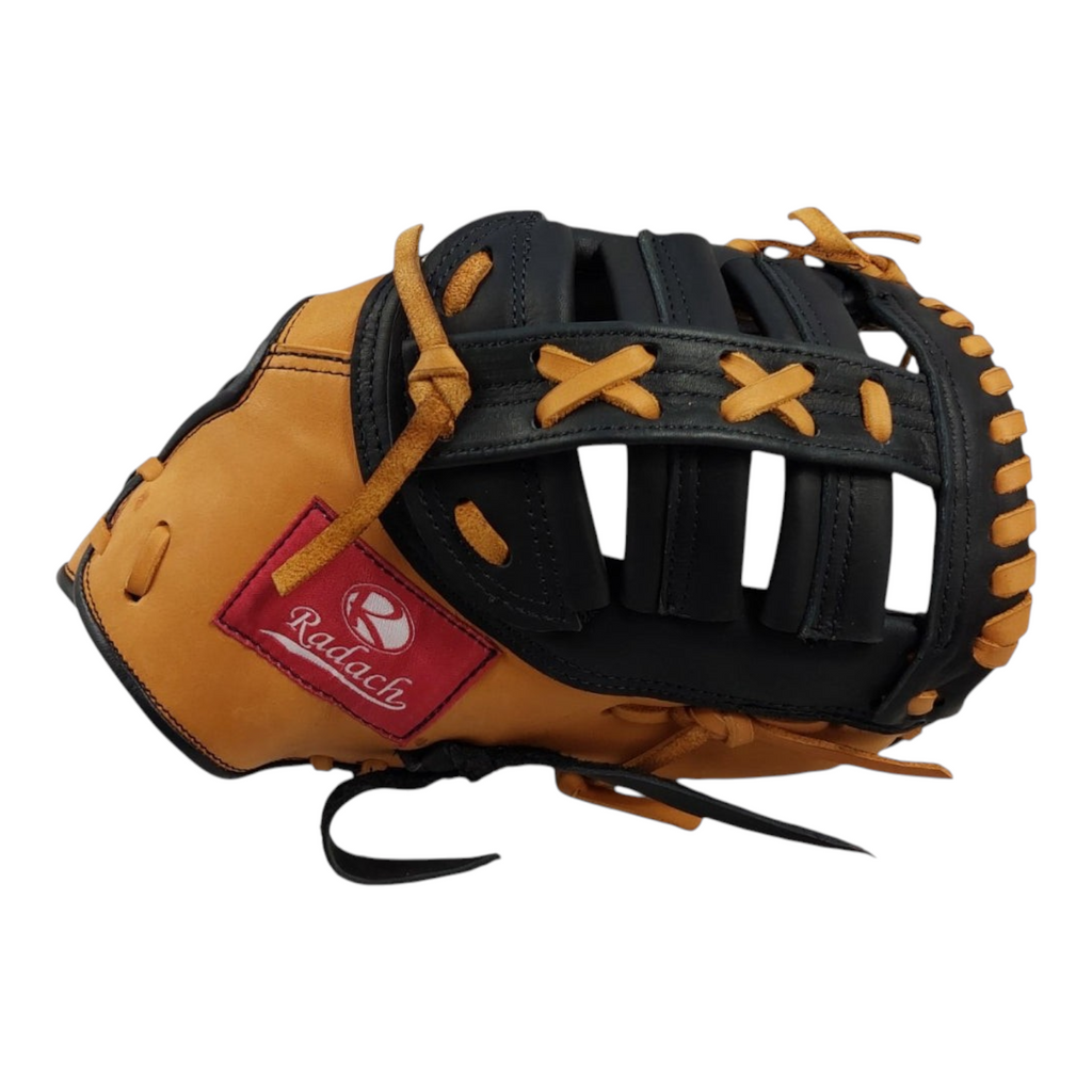 Guante de béisbol Radach Sports Pro de 12.75 pulgadas para primera base, fabricado en piel color miel y negro.