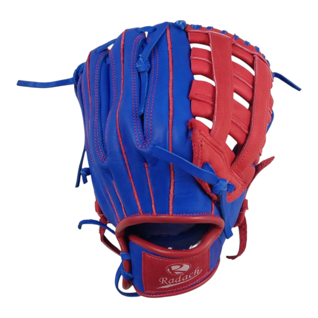 Guante de beisbol Radach Sports de 13 pulgadas en piel azul y roja con diseño de doble poste para jardinero