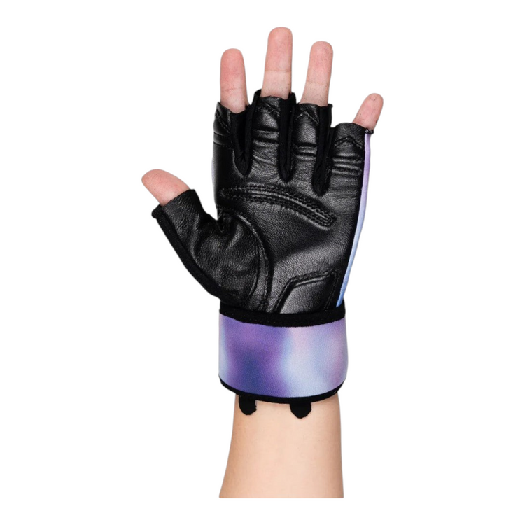 Guantes de gimnasio Radach Sports para dama en piel negra con muñequera reforzada en tono lila y morado