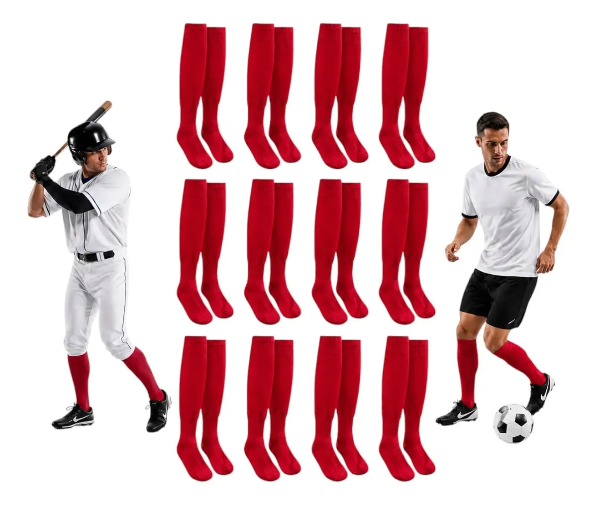 Pack 12 Pares Medias Deportivas Adulto Béisbol Fútbol Rojo