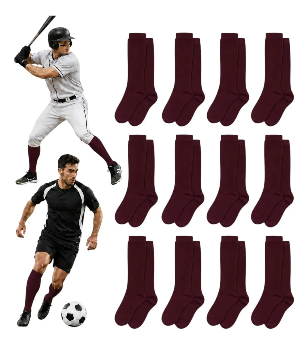 Pack 12 Pares Medias Deportivas Adulto Béisbol Fútbol Guinda