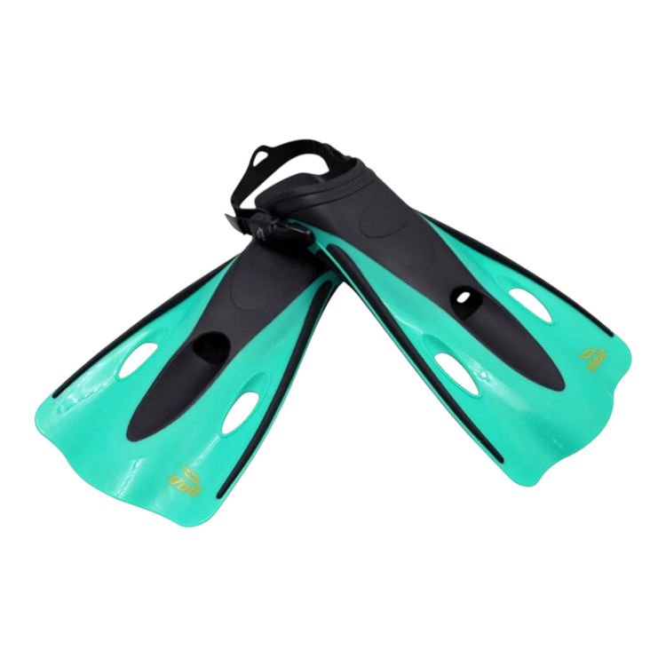 Aletas de natación ajustables Radach Sports Voit en color aqua y negro, fabricadas en TPE y polipropileno.