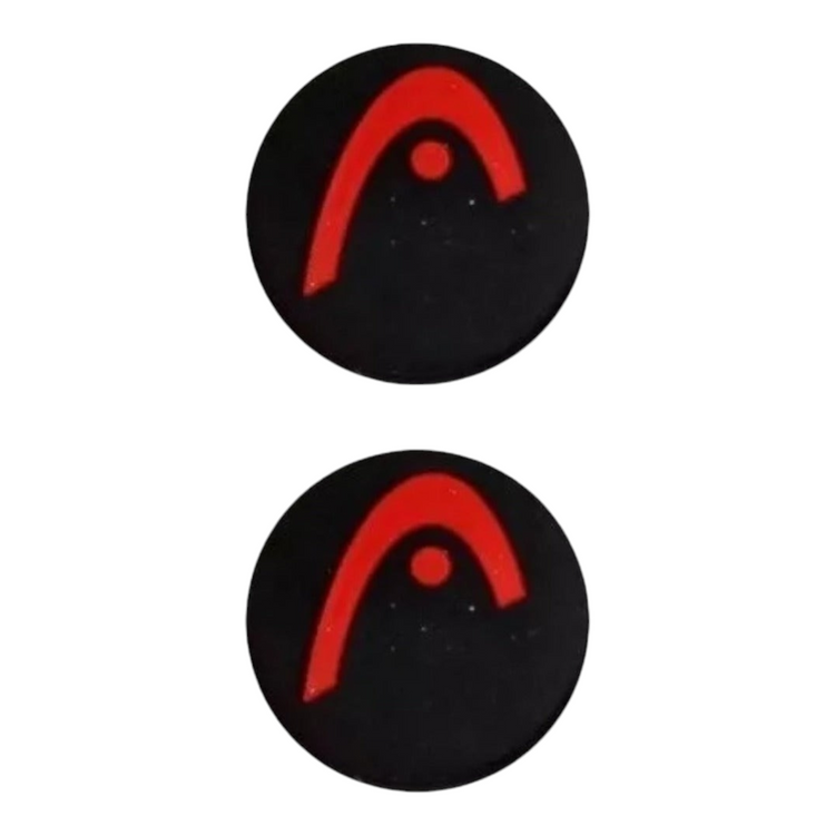Dos antivibradores Radach Sports Head Pro Damp redondos de color negro con el logo de Head en rojo para raquetas