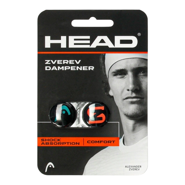 Antivibradores Radach Sports Head Zverev Dampener negros con logotipos en naranja y azul para raquetas de tenis
