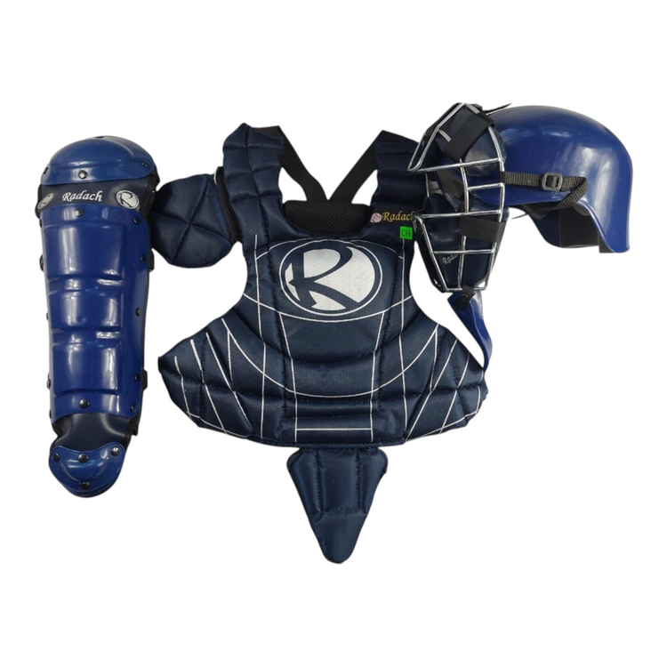 Set de arreo para catcher Radach Sports infantil en color azul marino, incluye careta, peto y espinilleras.