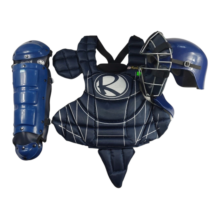 Set de arreo de catcher juvenil Radach Sports en color azul marino, incluye careta, peto y espinilleras protectoras.