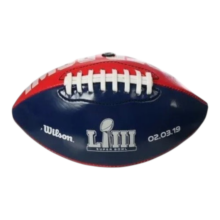 Balón de fútbol americano Radach Sports Wilson micro mini Superbowl 53 en colores azul y rojo con cordones blancos