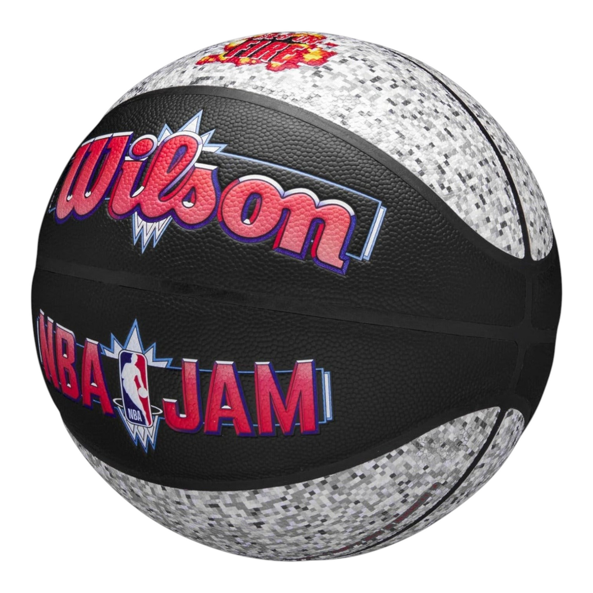 Balón de básquetbol Radach Sports Wilson NBA Jam tamaño 7 con diseño arcade, paneles negros y textura pixelada gris.