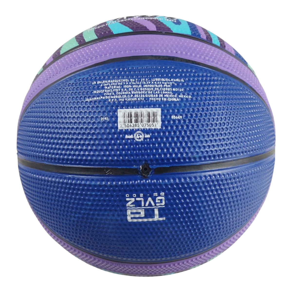 Balón de básquetbol Radach Sports Voit Pivot número 7 en color morado y azul con textura de hule para mejor agarre