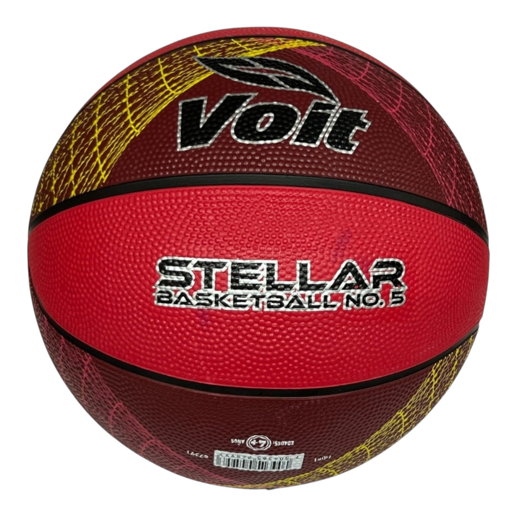 Balón de basquetbol Radach Sports Voit Stellar número 5 de hule en color rojo con detalles gráficos amarillos
