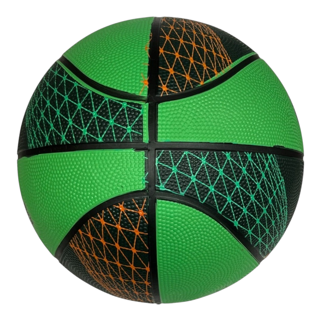 Balón de basquetbol Radach Sports Voit Stellar número 5 en color verde con detalles geométricos en negro y naranja