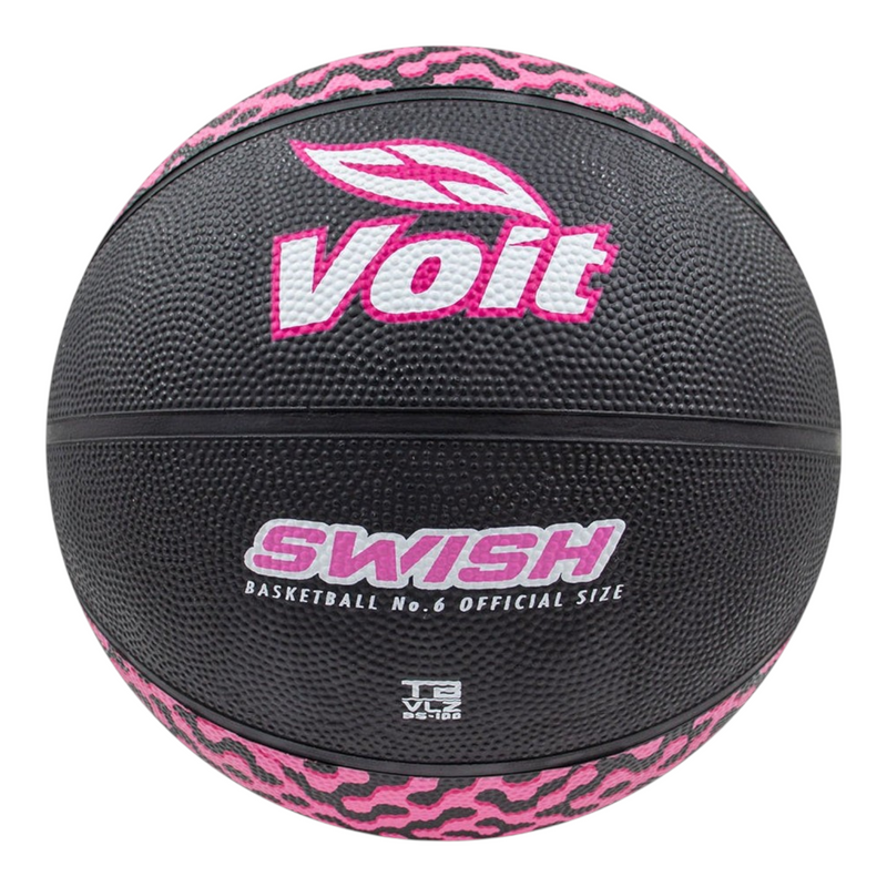 Balón de basquetbol Radach Sports Voit Swish número 6, color negro con detalles en rosa y textura de hule resistente.