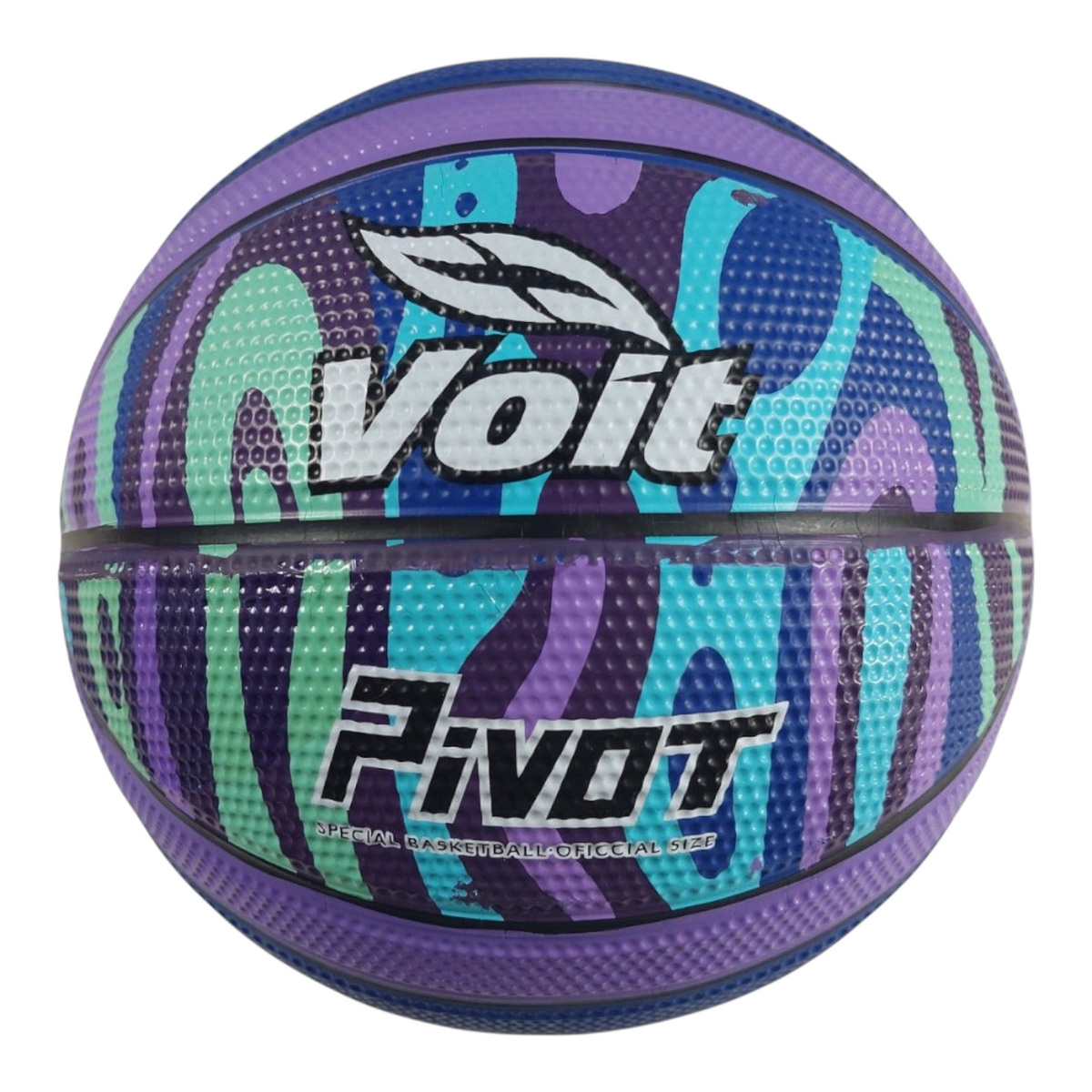 Balón de básquetbol Radach Sports Voit Pivot número 7 en color morado y turquesa con diseño estampado de caucho