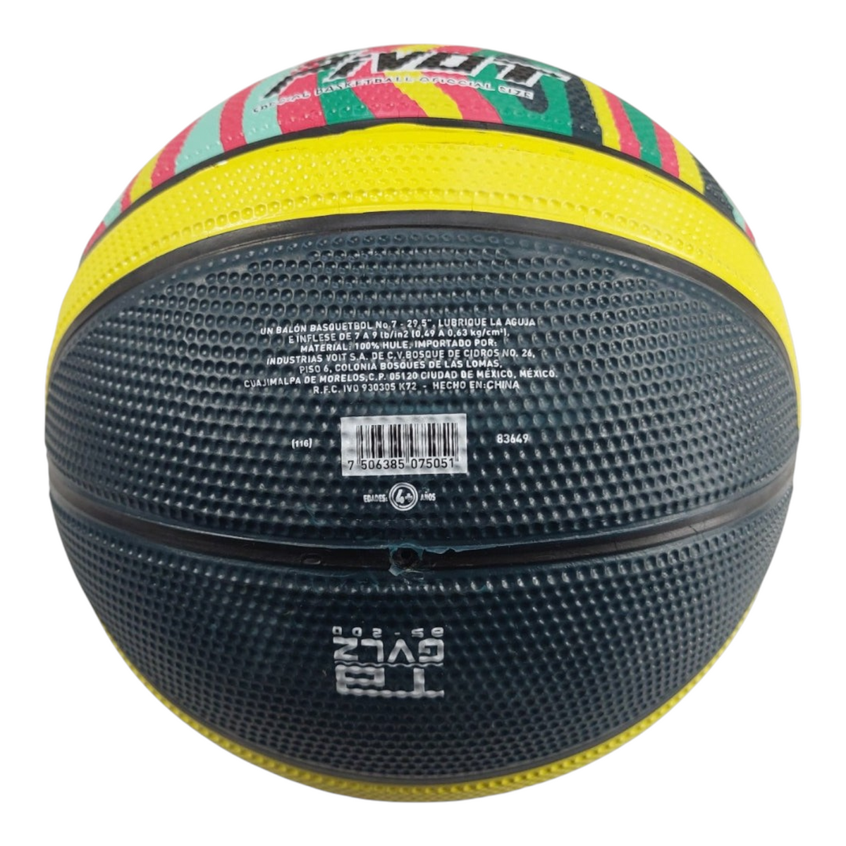 Balón de básquetbol número 7 Voit Pivot de Radach Sports en color negro con detalles en amarillo, rojo y verde