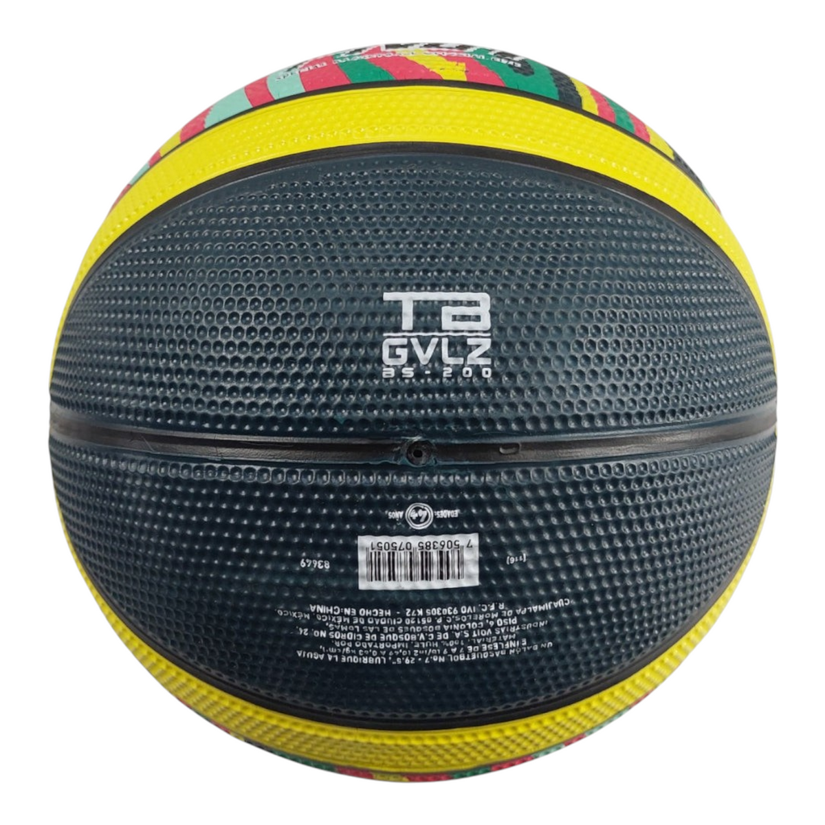 Balón de básquetbol Radach Sports Voit Pivot número 7 de hule negro con detalles en amarillo, rojo y verde