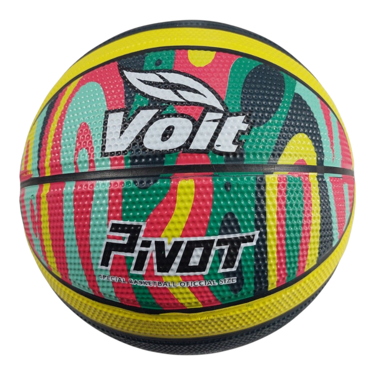 Balón de básquetbol Radach Sports Voit Pivot número 7 con diseño multicolor de rayas y textura de hule para agarre