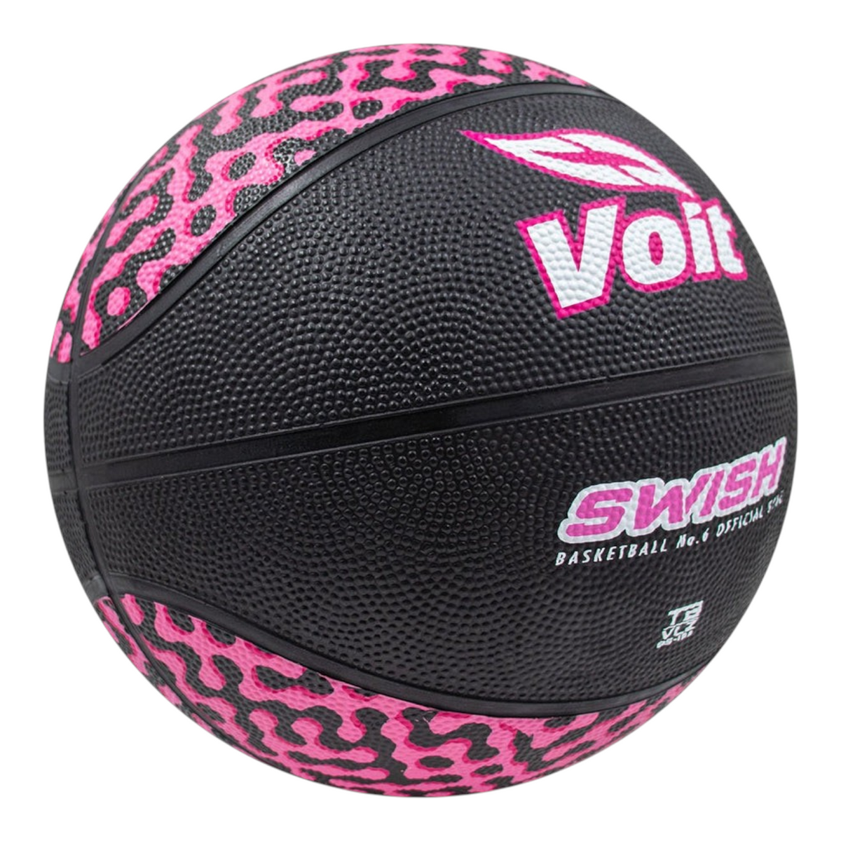 Balón de basquetbol Radach Sports Voit Swish número 6, color negro con estampado animal print rosa y textura de hule.