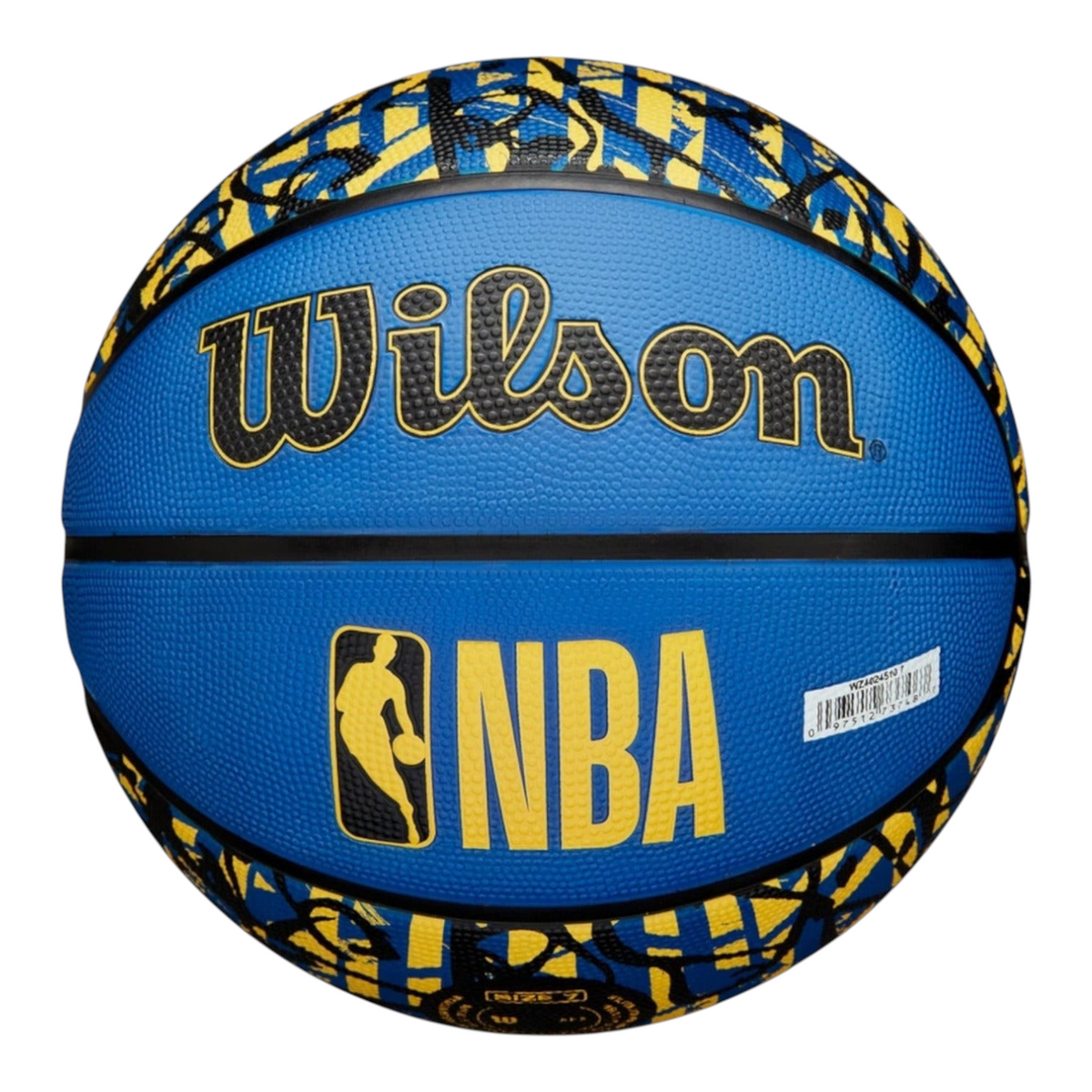 Balón de básquetbol Radach Sports Wilson NBA Team Graffiti Warriors talla 7 en azul y amarillo para exteriores