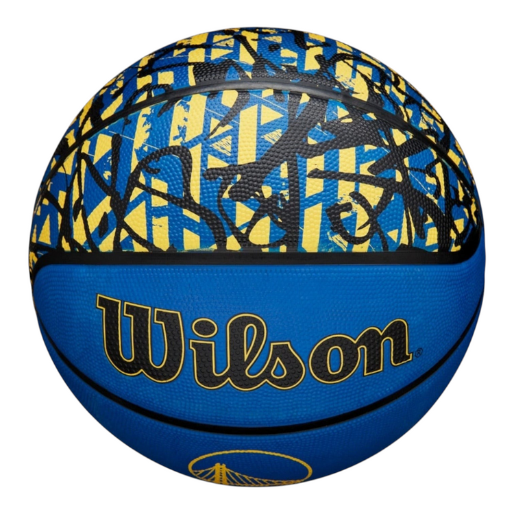 Balón de básquetbol Radach Sports Wilson NBA Team Graffiti Warriors talla 7 con diseño urbano azul y amarillo