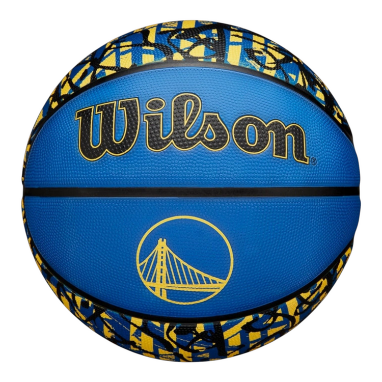 Balón de básquetbol Radach Sports Wilson NBA Warriors talla 7 con diseño graffiti azul y amarillo para exteriores