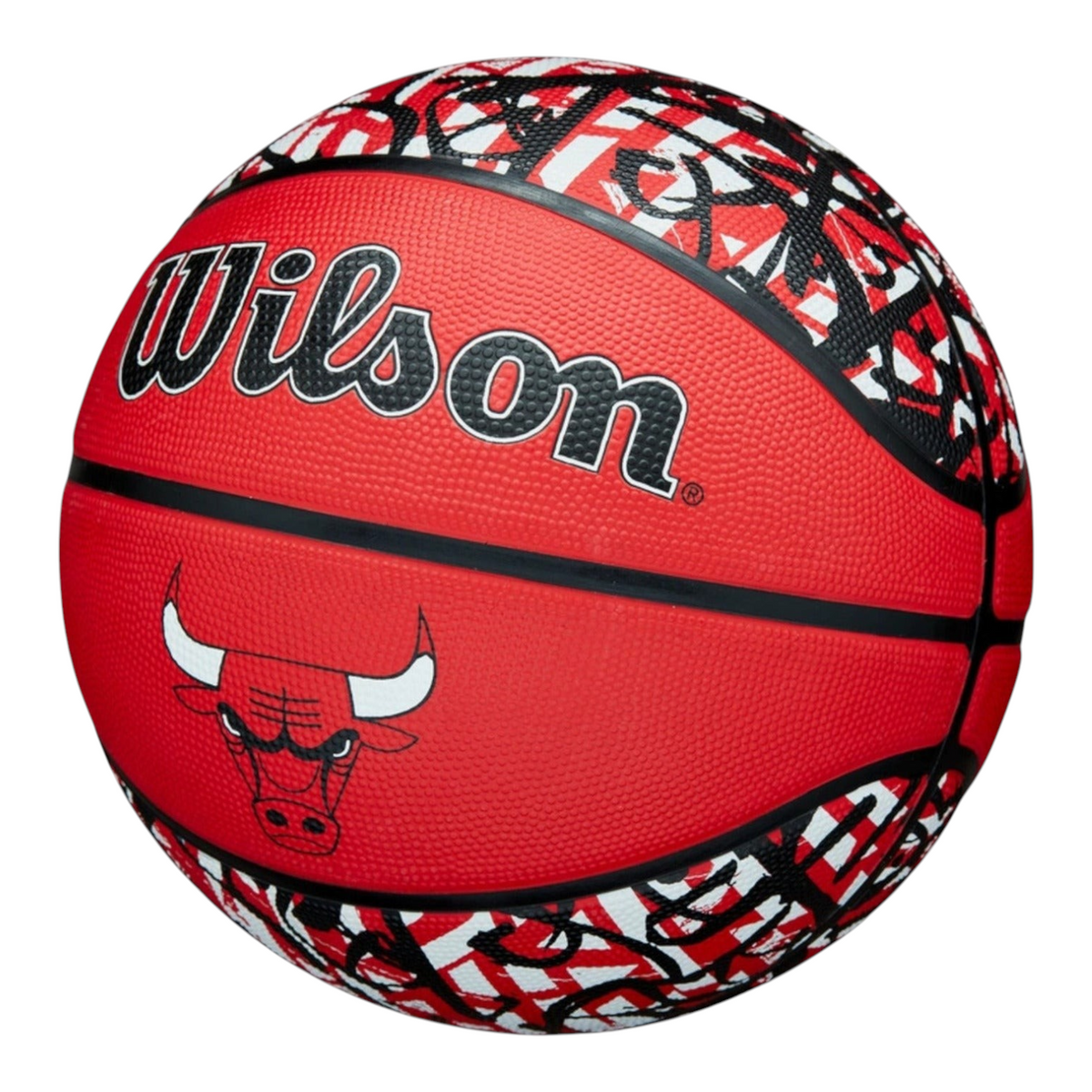Balón de básquetbol Wilson NBA Team Graffiti Bulls número 7 de Radach Sports con diseño urbano rojo y negro