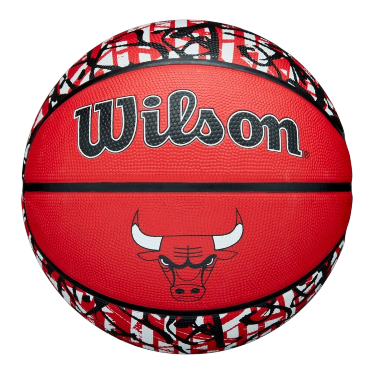Balón de básquetbol Radach Sports Wilson NBA Chicago Bulls talla 7 con diseño de graffiti rojo, negro y blanco