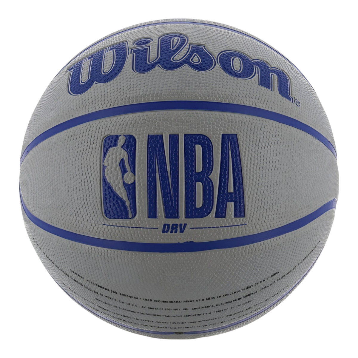 Balón de básquetbol Radach Sports Wilson NBA DVR gris con detalles en azul, fabricado en caucho para uso mixto.